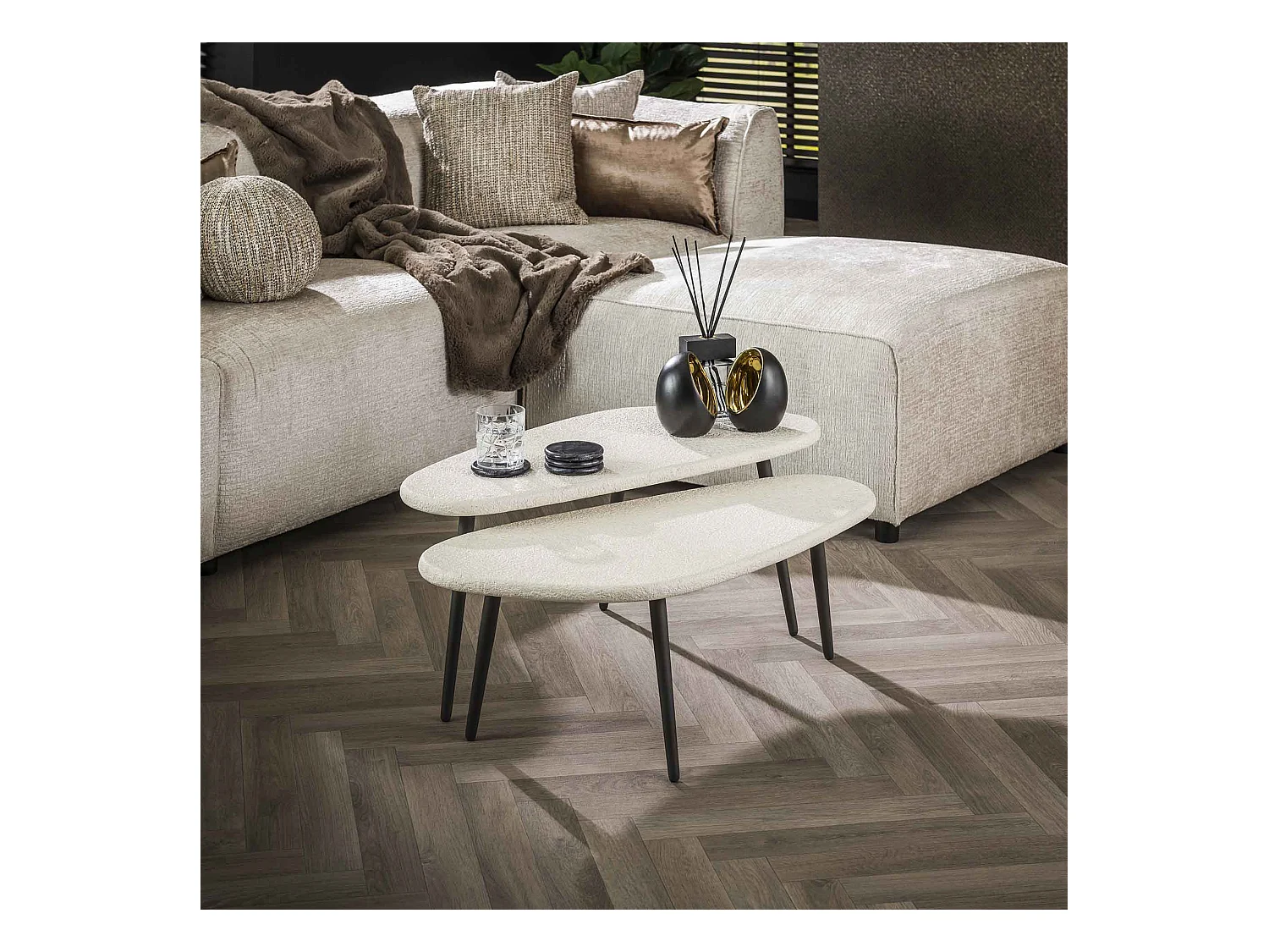 Ensemble de tables basses d'angle en pierre - Composite de marbre - Lot de 2