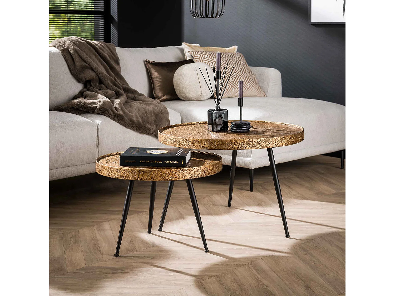 Table basse ronde métallique - Couleur or - Lot de 2