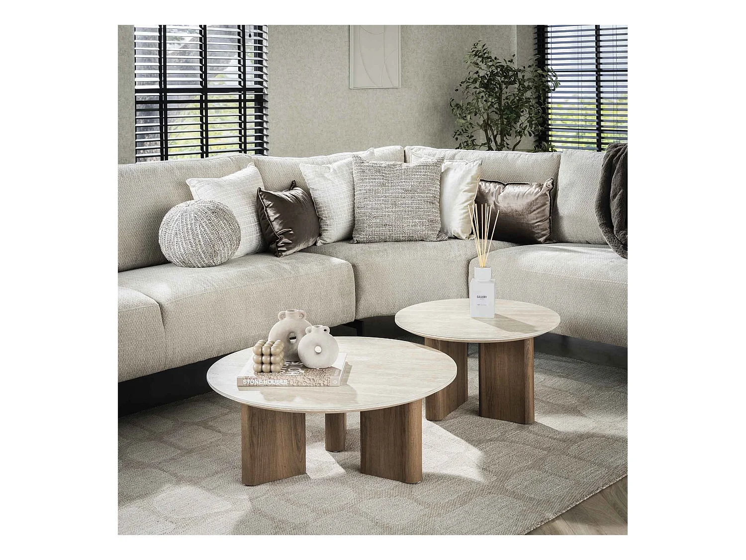 Table basse Romano à pieds rectangulaires - Céramique travertin - Lot de 2