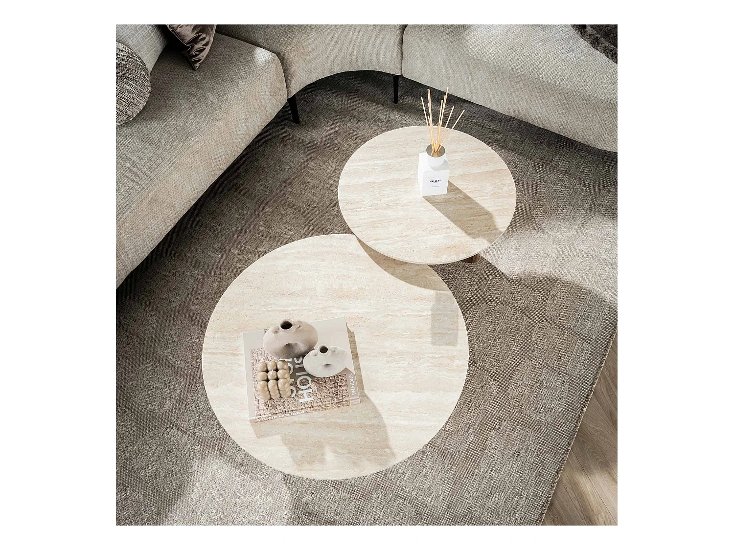 Table basse Romano à pieds rectangulaires - Céramique travertin - Lot de 2