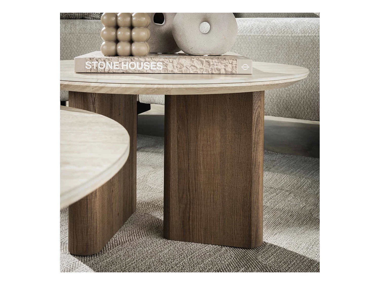 Table basse Romano à pieds rectangulaires - Céramique travertin - Lot de 2