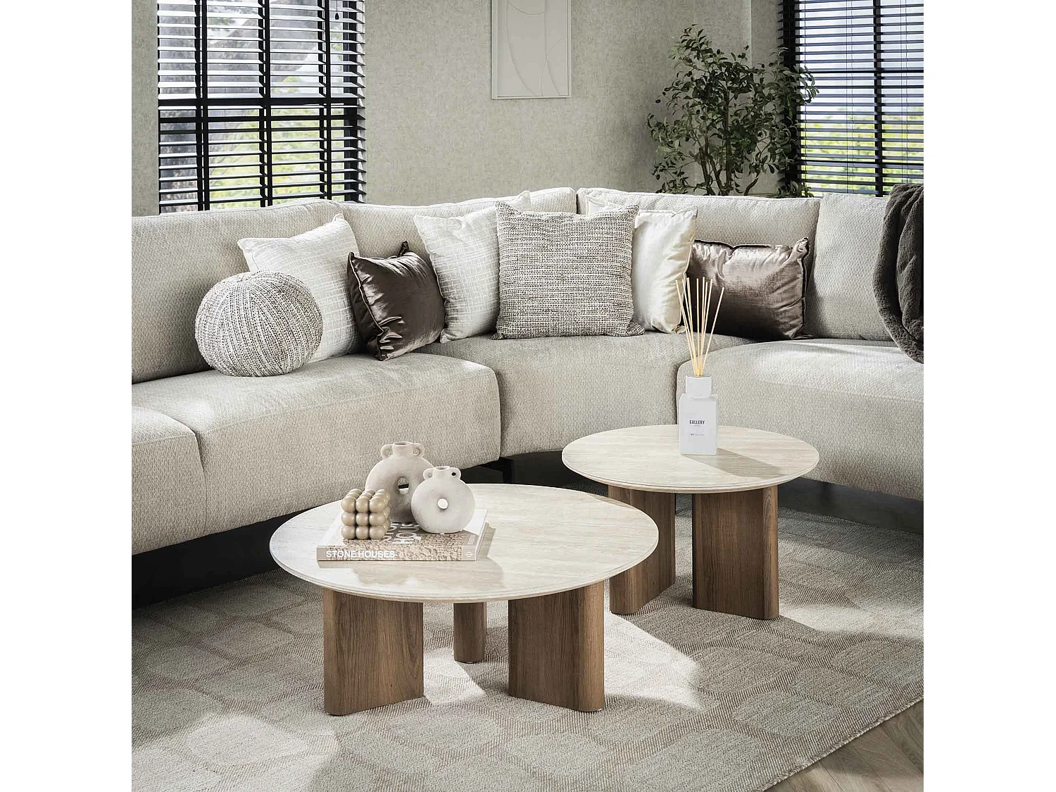 Table basse Romano à pieds rectangulaires - Céramique travertin - Lot de 2