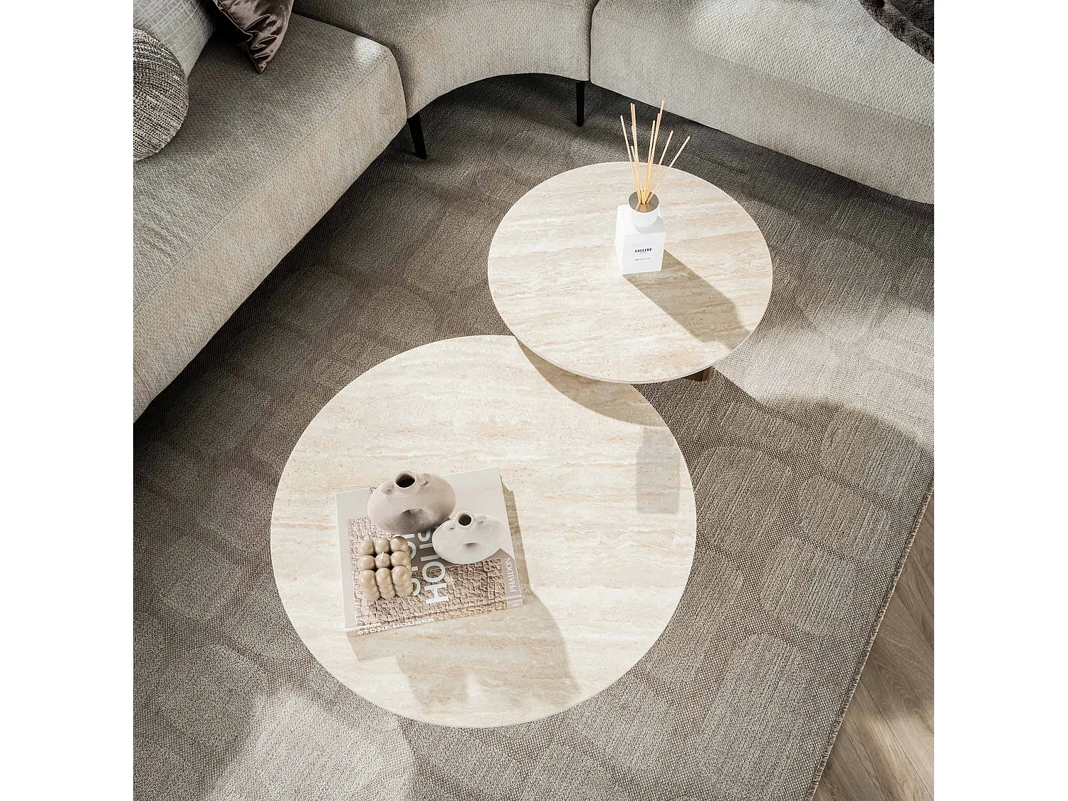 Table basse Romano à pieds rectangulaires - Céramique travertin - Lot de 2