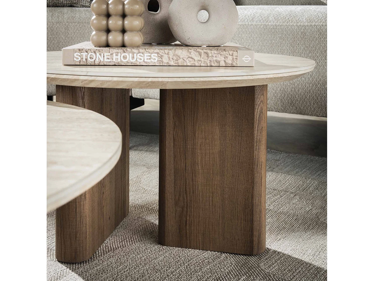 Table basse Romano à pieds rectangulaires - Céramique travertin - Lot de 2