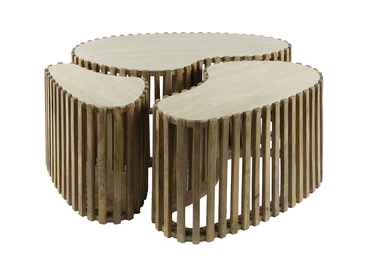 Ensemble de 3 tables basses en travertin Nuovo en forme de rein, couleur sable mangue massif