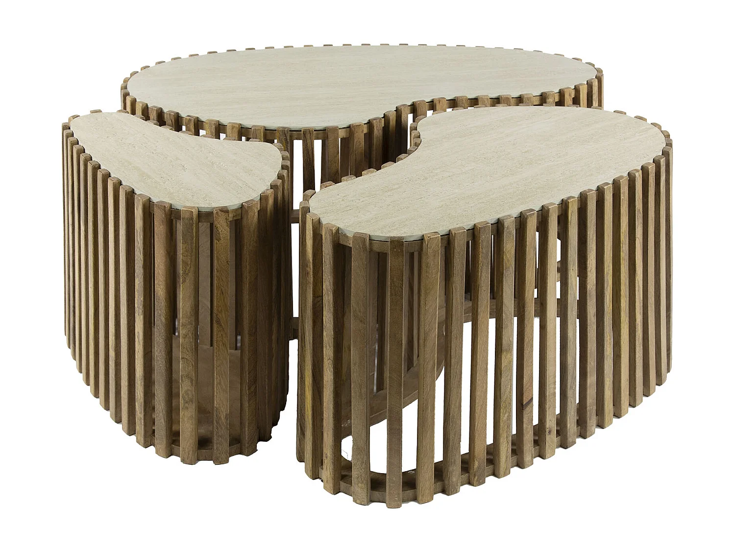 Ensemble de 3 tables basses en travertin Nuovo en forme de rein, couleur sable mangue massif