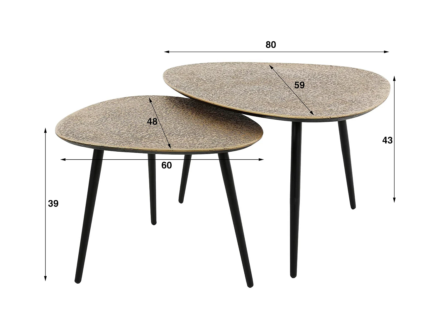 Lot de 2 tables basses triangulaires métalliques - 59 x 80 x 43 cm - Bronze antique