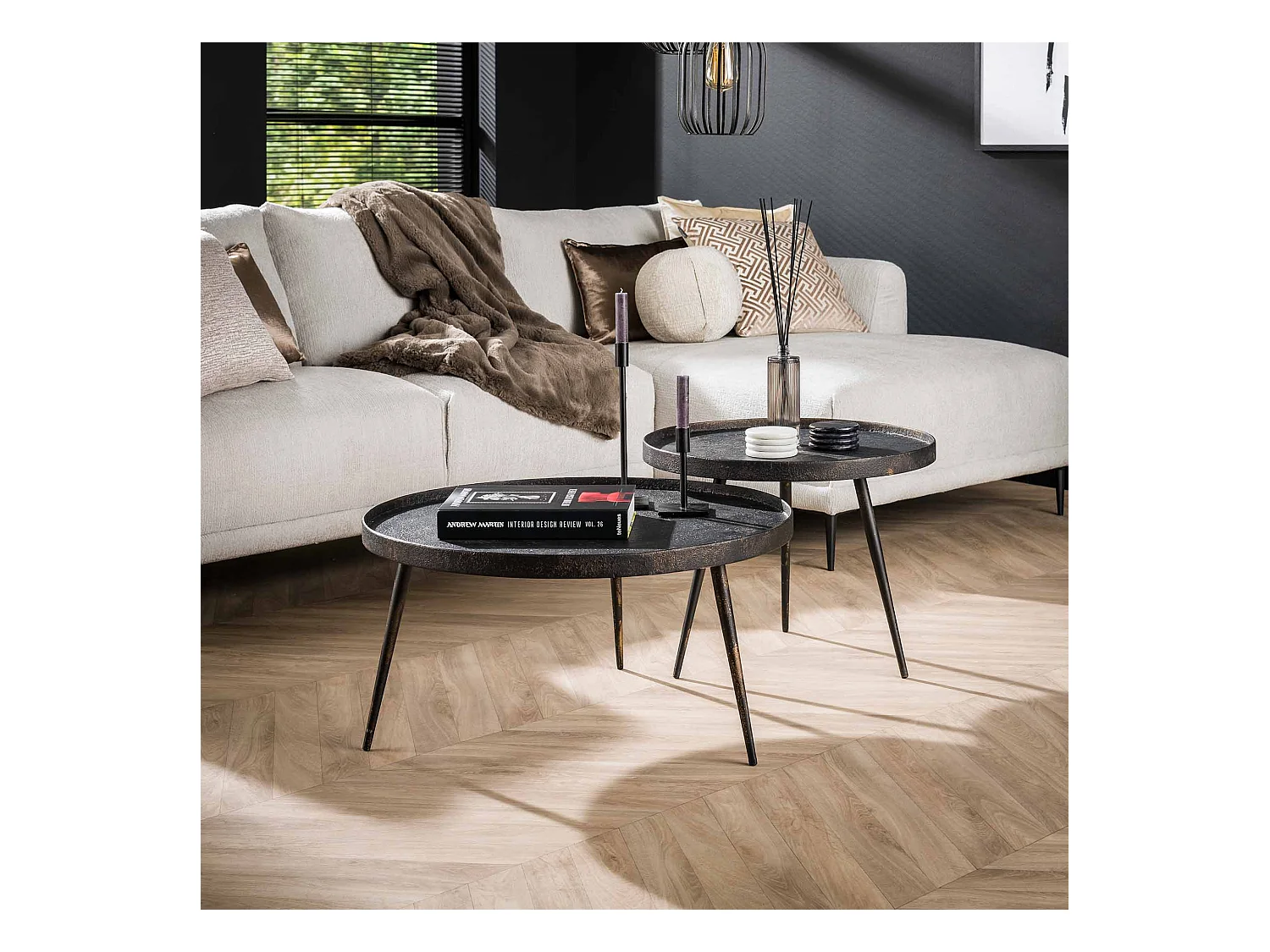 Table basse ronde métallique - Noir - Lot de 2 - 76 x 76 x 40 cm