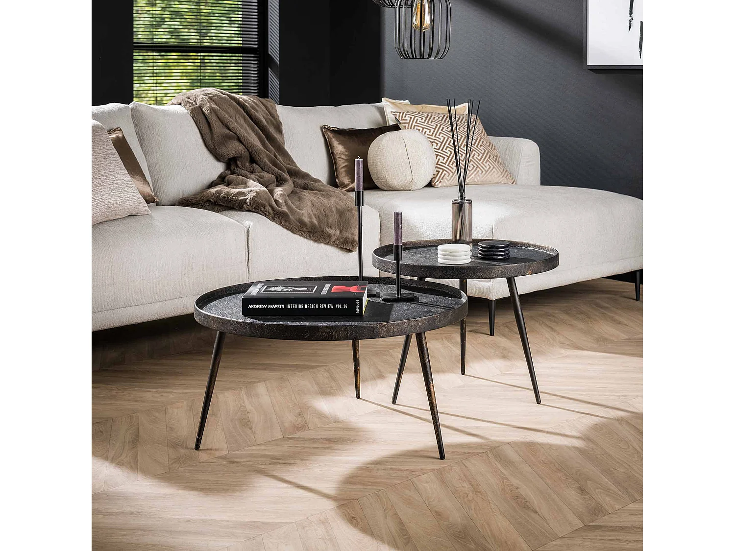 Table basse ronde métallique - Noir - Lot de 2 - 76 x 76 x 40 cm