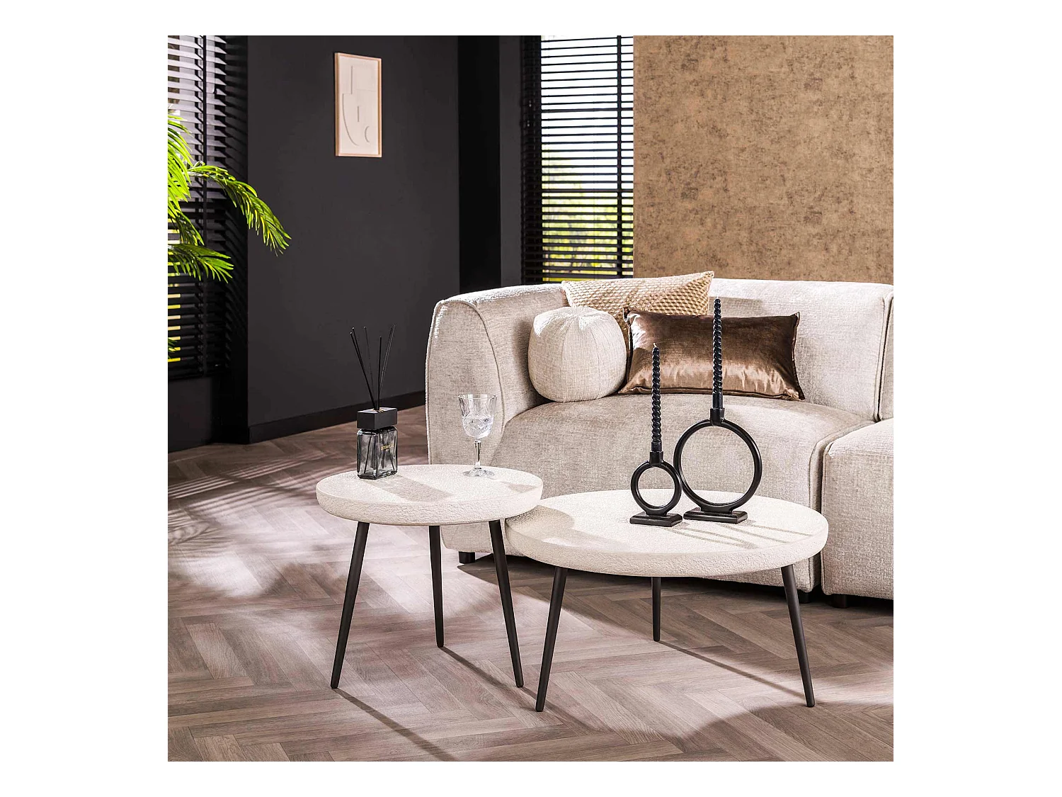 Table basse ronde plate en pierre - Composite de marbre - Lot de 2