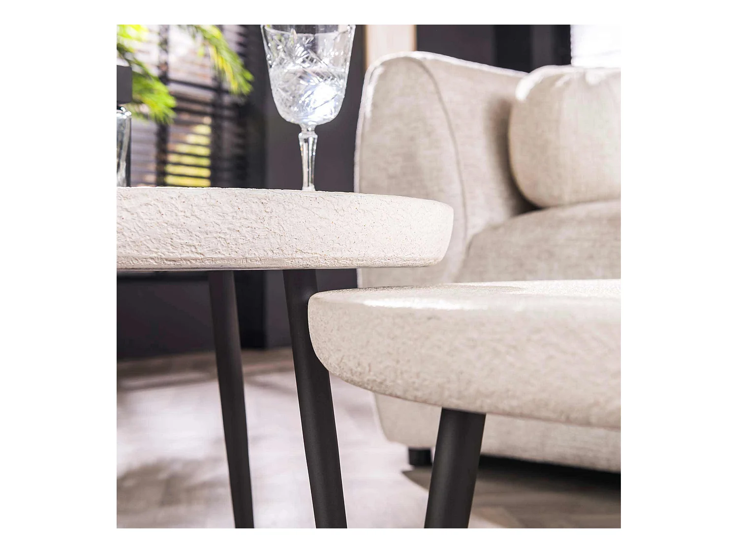 Table basse ronde plate en pierre - Composite de marbre - Lot de 2