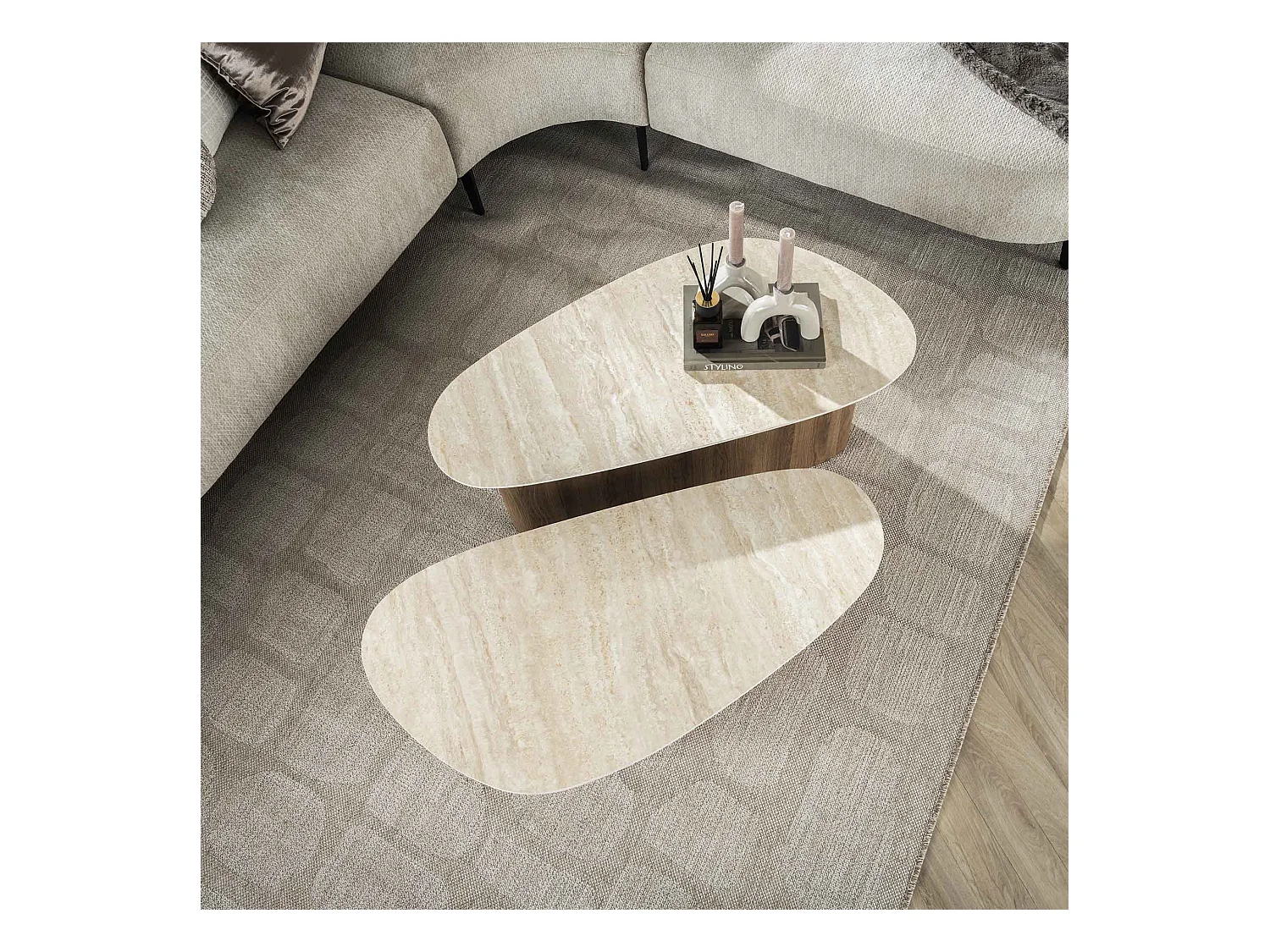 Salontafel Romano Driehoekig - Keramisch Travertin - Set van 2