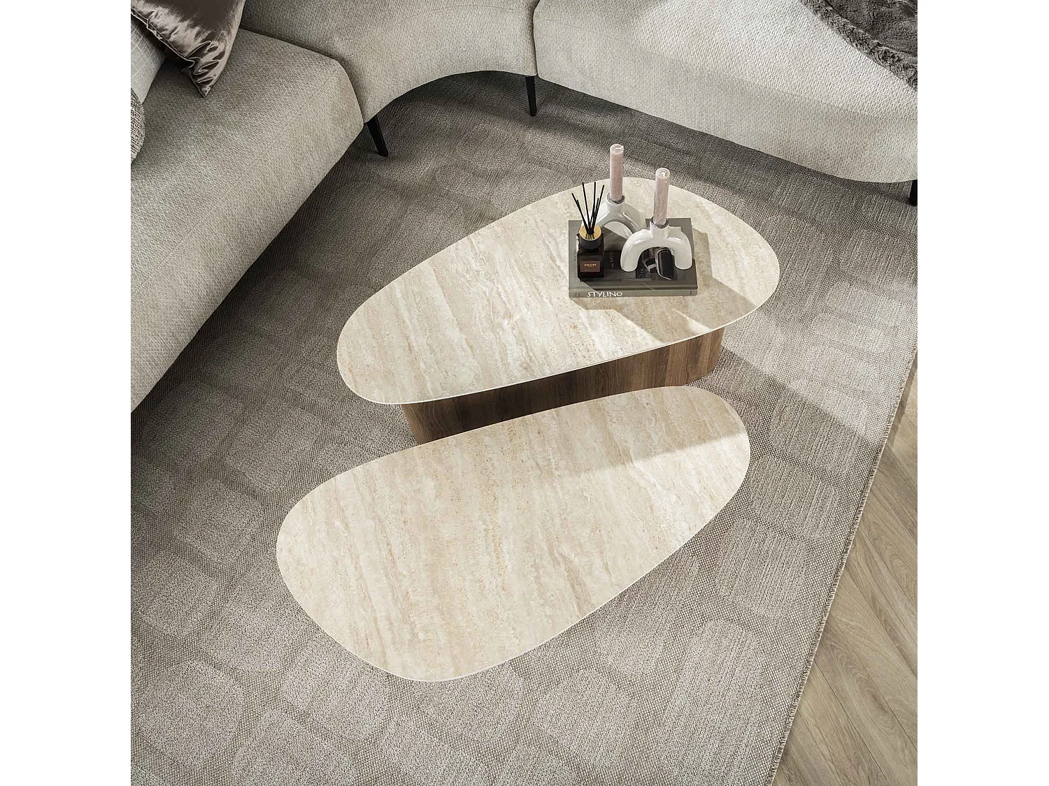 Mesa de centro triangular Romano - Travertino de cerámica - Juego de 2