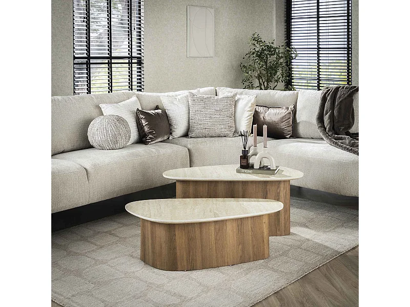 Table basse triangulaire Romano - Céramique travertin - Lot de 2