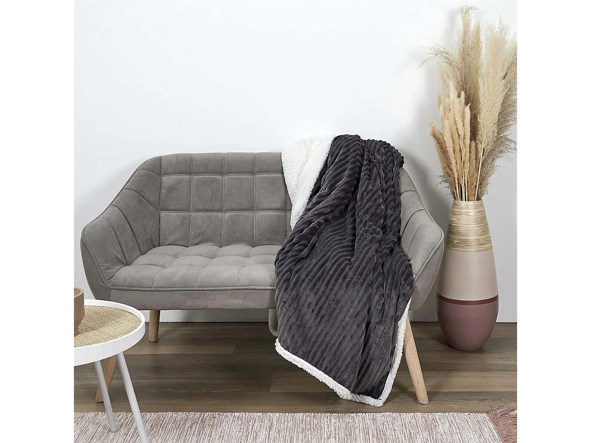 Plaid Flanelle Côtelé 180x220cm Gris Anthracite et Sherpa - COSYHOME