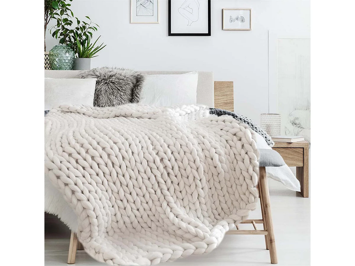 Plaid Chunky 120x150cm Grosse Maille Tressée Coloris Blanc - LOTOV