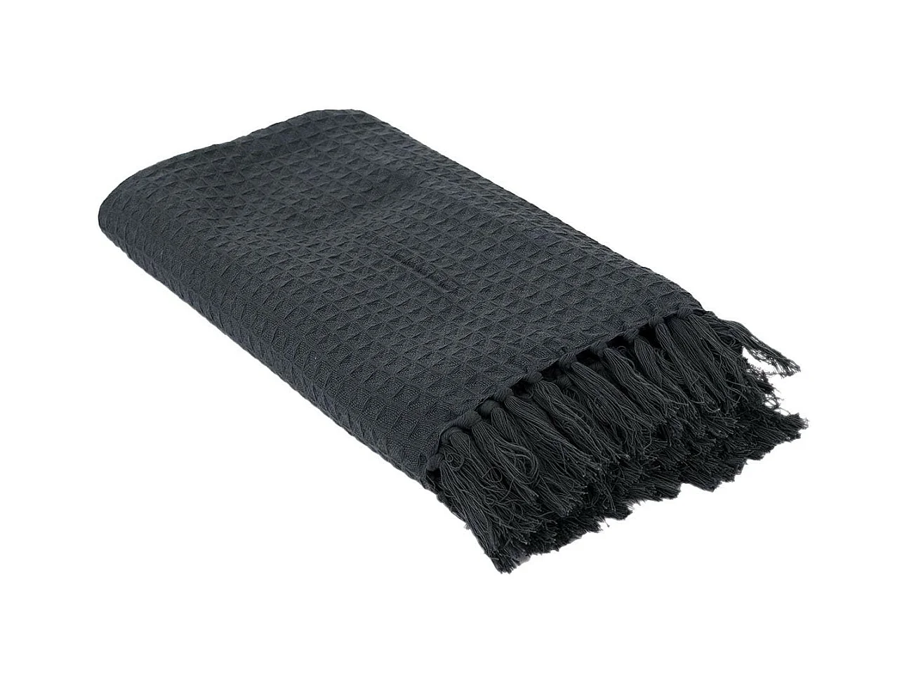Plaid Jeté de Canapé Gaufré 130x160cm 100% Coton Gris Anthracite avec Franges