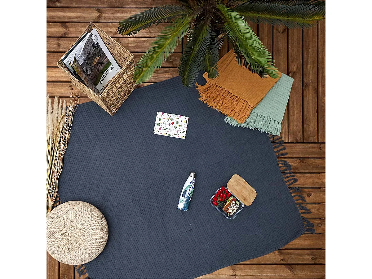 Plaid Jeté de Canapé Gaufré 130x160cm 100% Coton Gris Anthracite avec Franges - CUSHY