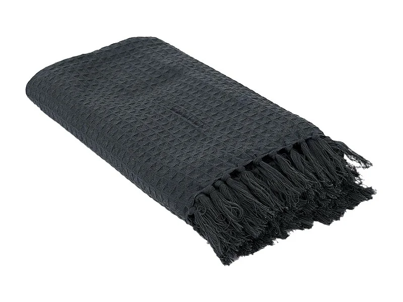 Plaid Jeté de Canapé Gaufré 130x160cm 100% Coton Gris Anthracite avec Franges - CUSHY