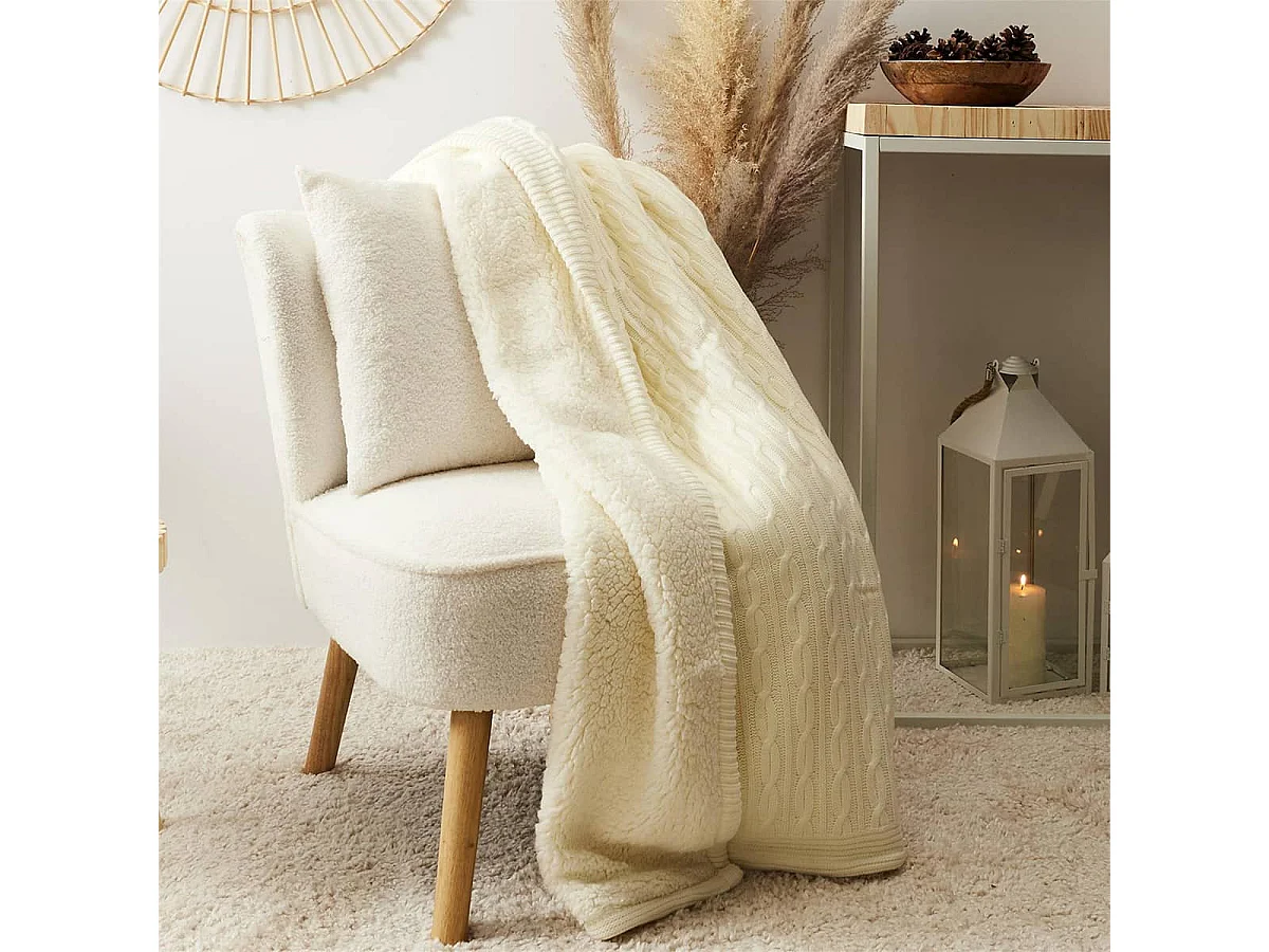 Plaid 120x150cmm Torsadé Crème et Sherpa - ELINA