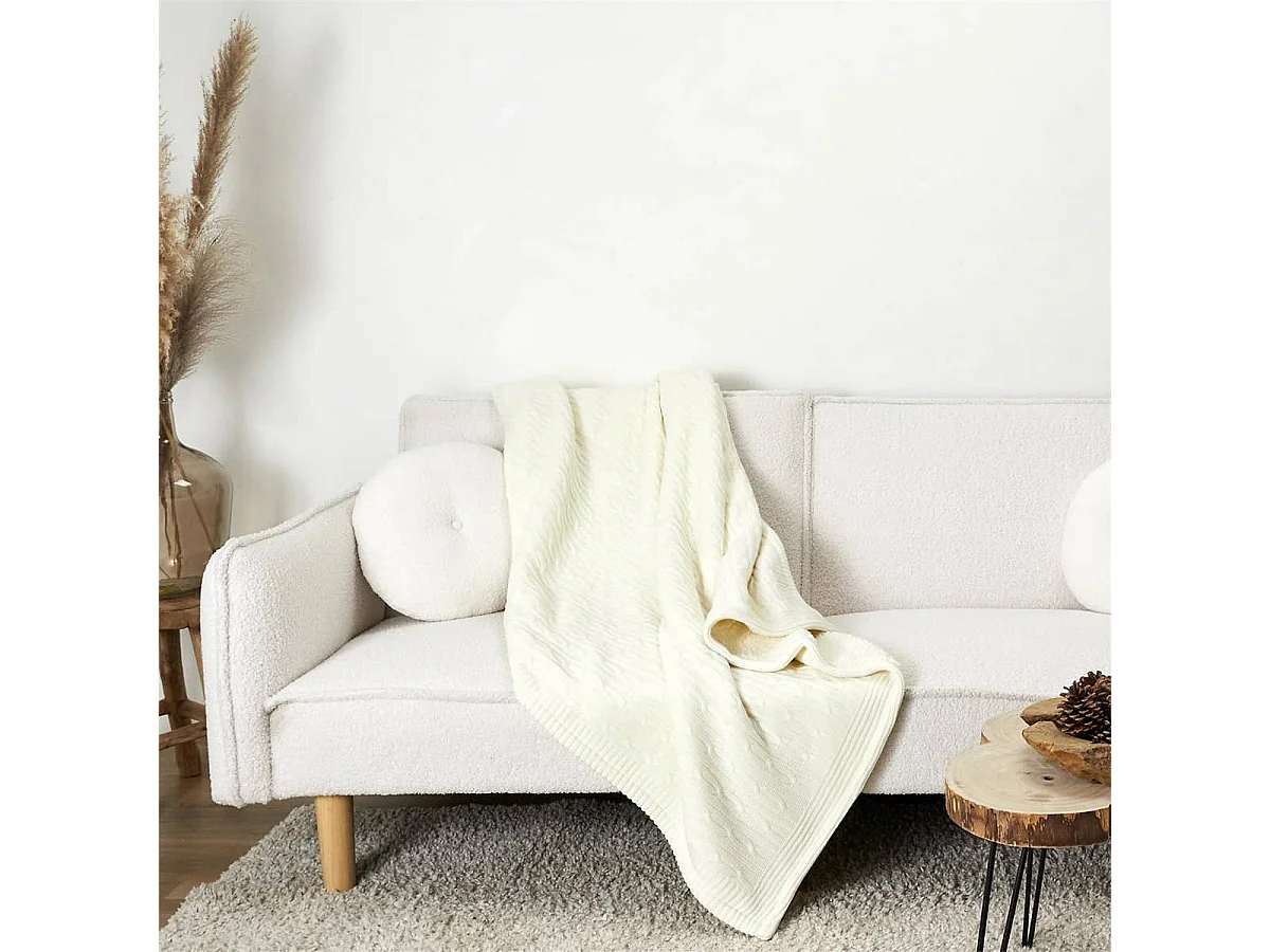 Plaid 120x150cmm Torsadé Crème et Sherpa - ELINA