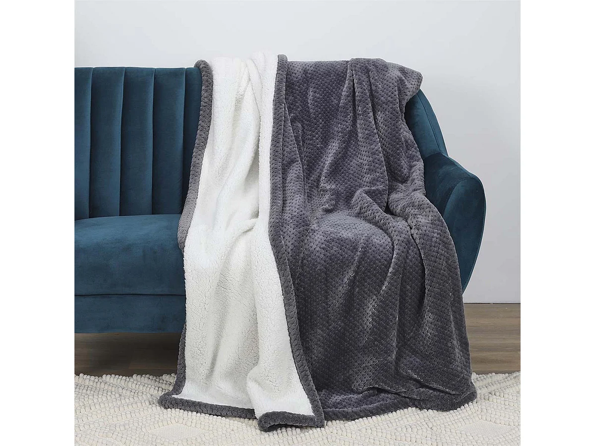 Plaid Ultra Doux 180x220cm Nid d'Abeille Gris Anthracite et Sherpa - GAYA