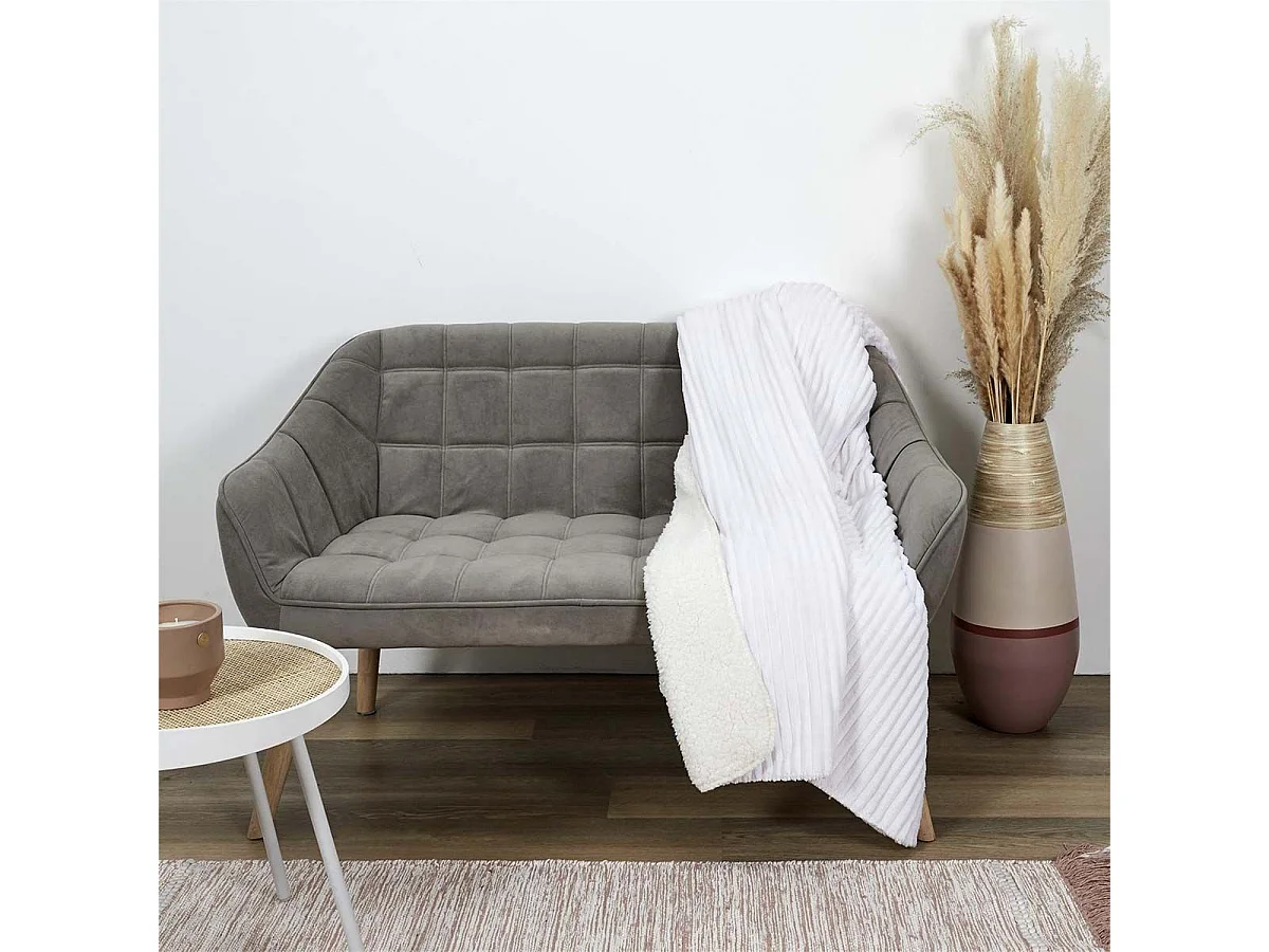 Plaid Flanelle Côtelé 180x220cm Blanc et Sherpa - COSYHOME