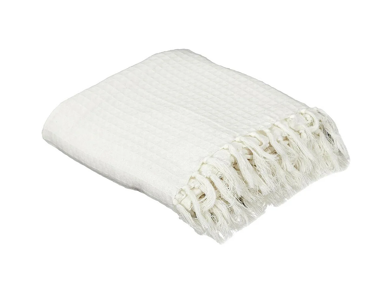 Plaid Jeté de Canapé Gaufré 170x250cm 100% Coton Blanc avec Franges - CUSHY