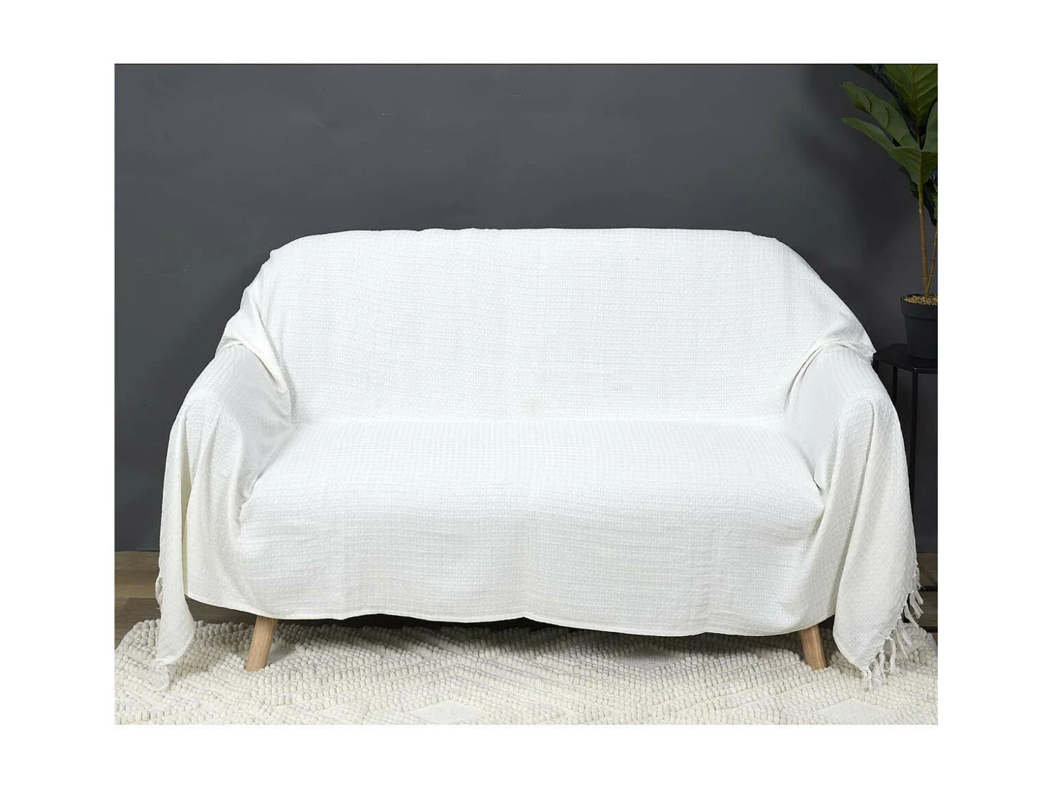 Plaid Jeté de Canapé Gaufré 170x250cm 100% Coton Blanc avec Franges - CUSHY