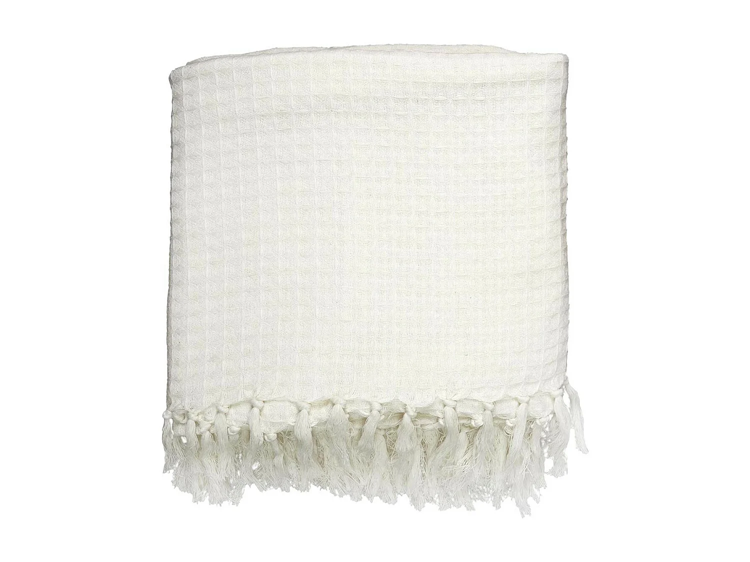 Plaid Jeté de Canapé Gaufré 170x250cm 100% Coton Blanc avec Franges - CUSHY