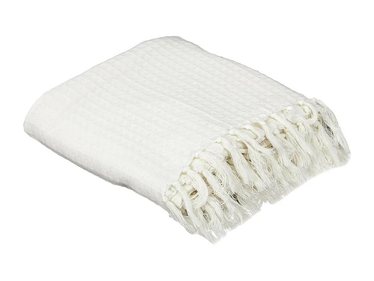 Plaid Jeté de Canapé Gaufré 170x250cm 100% Coton Blanc avec Franges - CUSHY