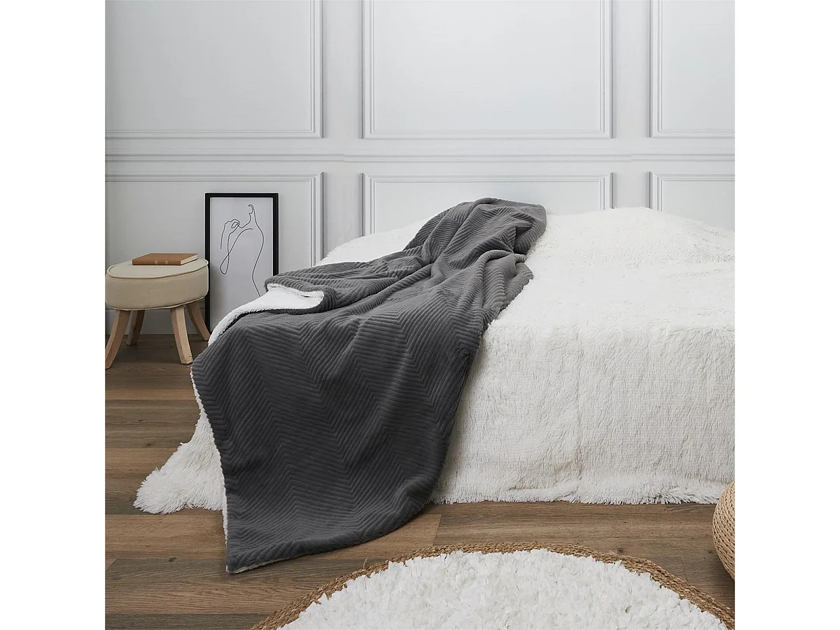 Plaid Ultra Doux 140x200cm Imitation Fourrure Texturée Grise et Sherpa - KATSU