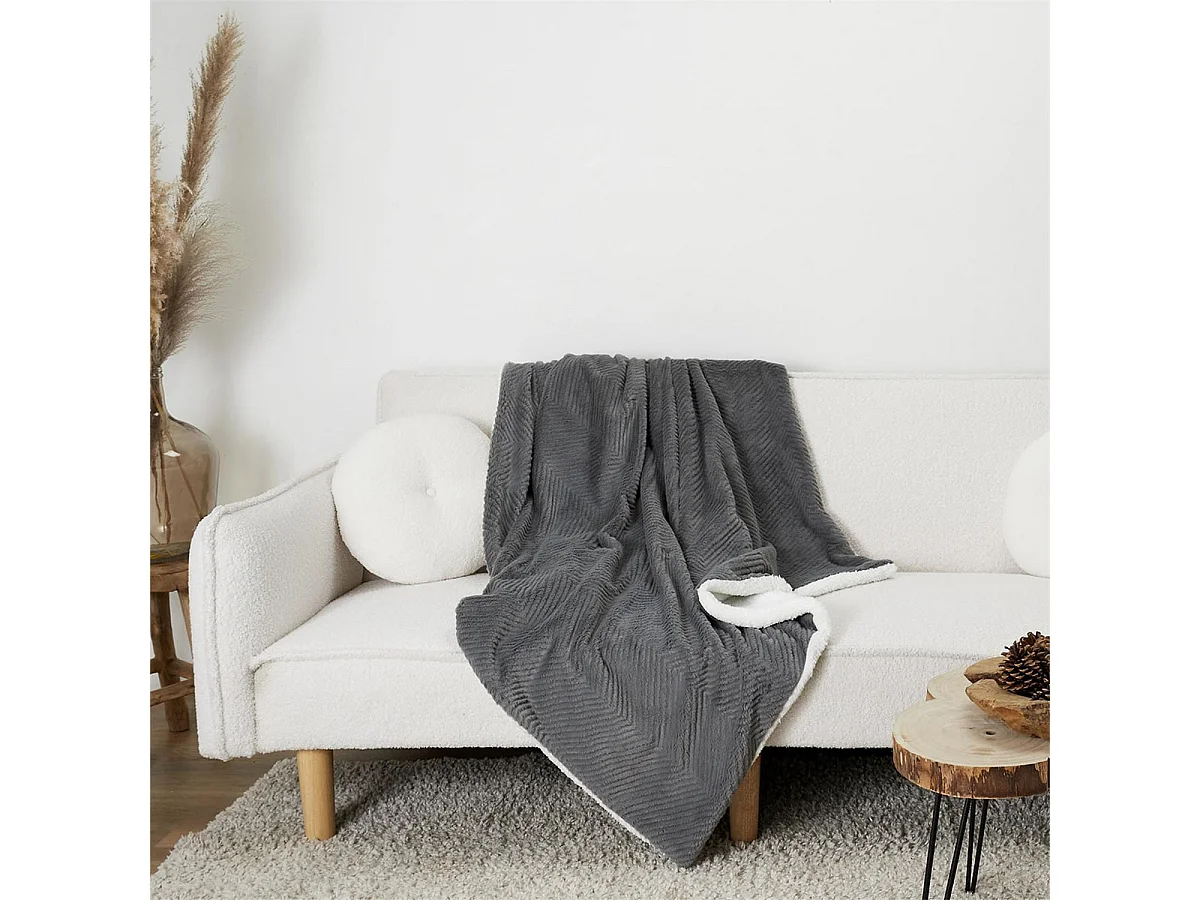 Plaid Ultra Doux 140x200cm Imitation Fourrure Texturée Grise et Sherpa - KATSU