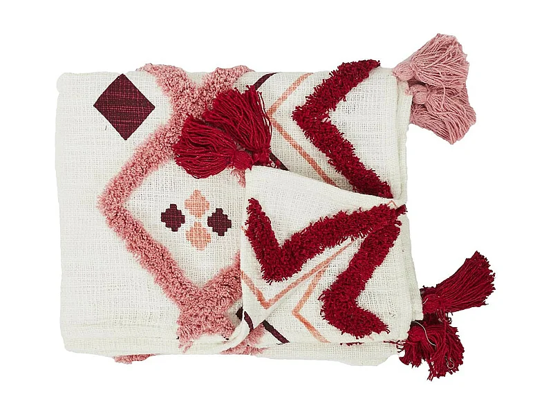 Plaid Jeté Ethnique Tufté 130x150cm Intérieur/Extérieur Coton Blanc et Rose avec Pompons - ZAINAB
