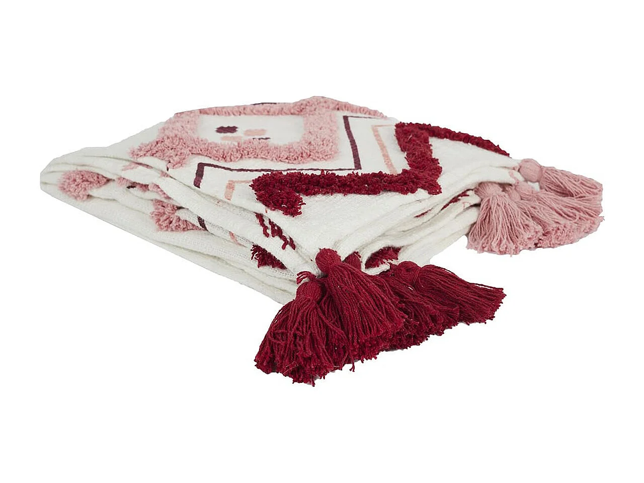 Plaid Jeté Ethnique Tufté 130x150cm Intérieur/Extérieur Coton Blanc et Rose avec Pompons - ZAINAB