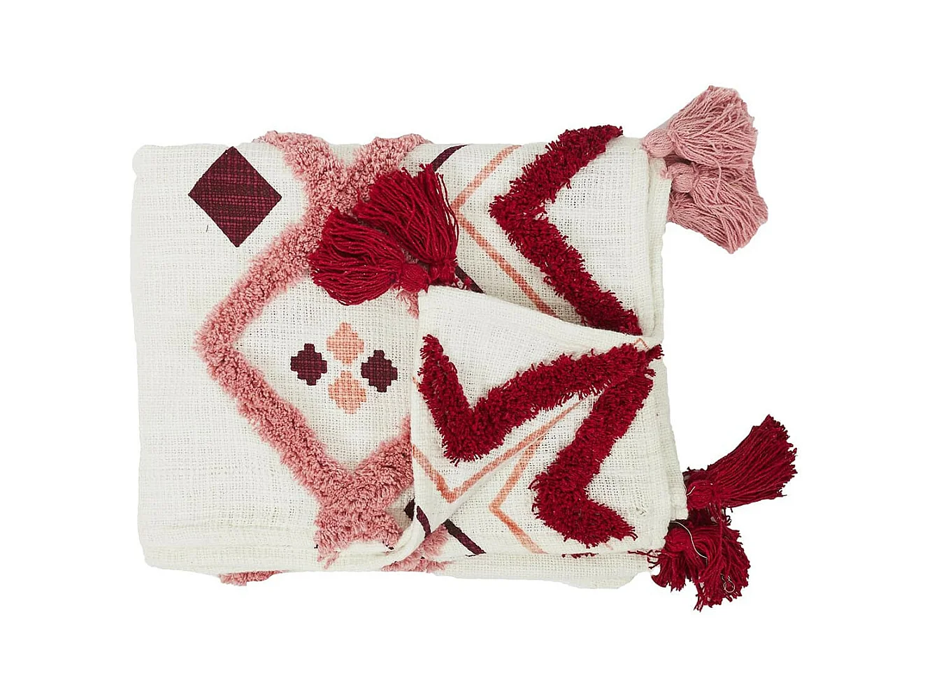 Plaid Jeté Ethnique Tufté 130x150cm Intérieur/Extérieur Coton Blanc et Rose avec Pompons