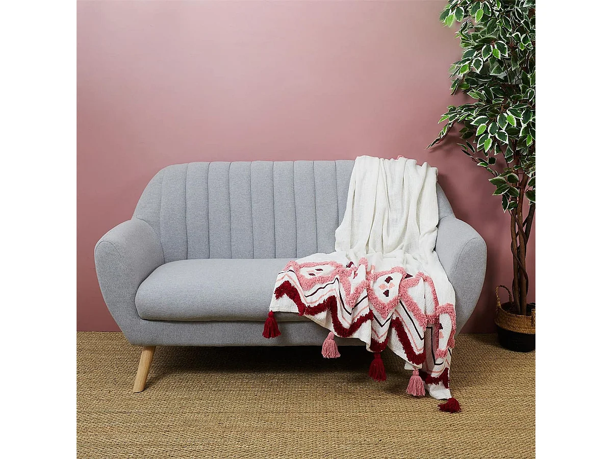 Plaid Jeté Ethnique Tufté 130x150cm Intérieur/Extérieur Coton Blanc et Rose avec Pompons - ZAINAB