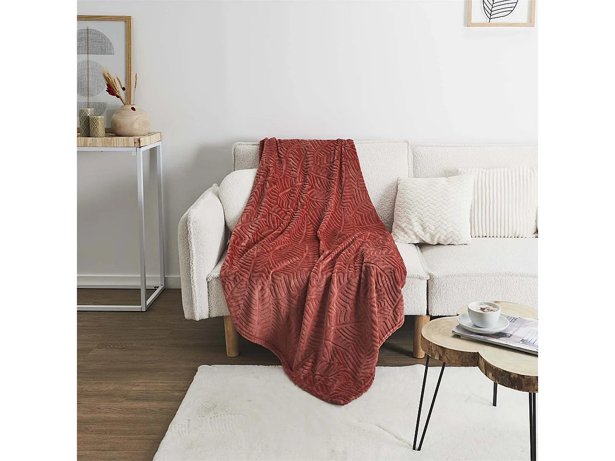 Plaid Flanelle 150x200cm Embossé Motif Feuilles Terracota - FLONY