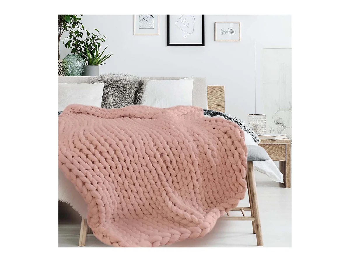 Plaid Chunky 120x150cm Grosse Maille Tressée Coloris Rose - LOTOV