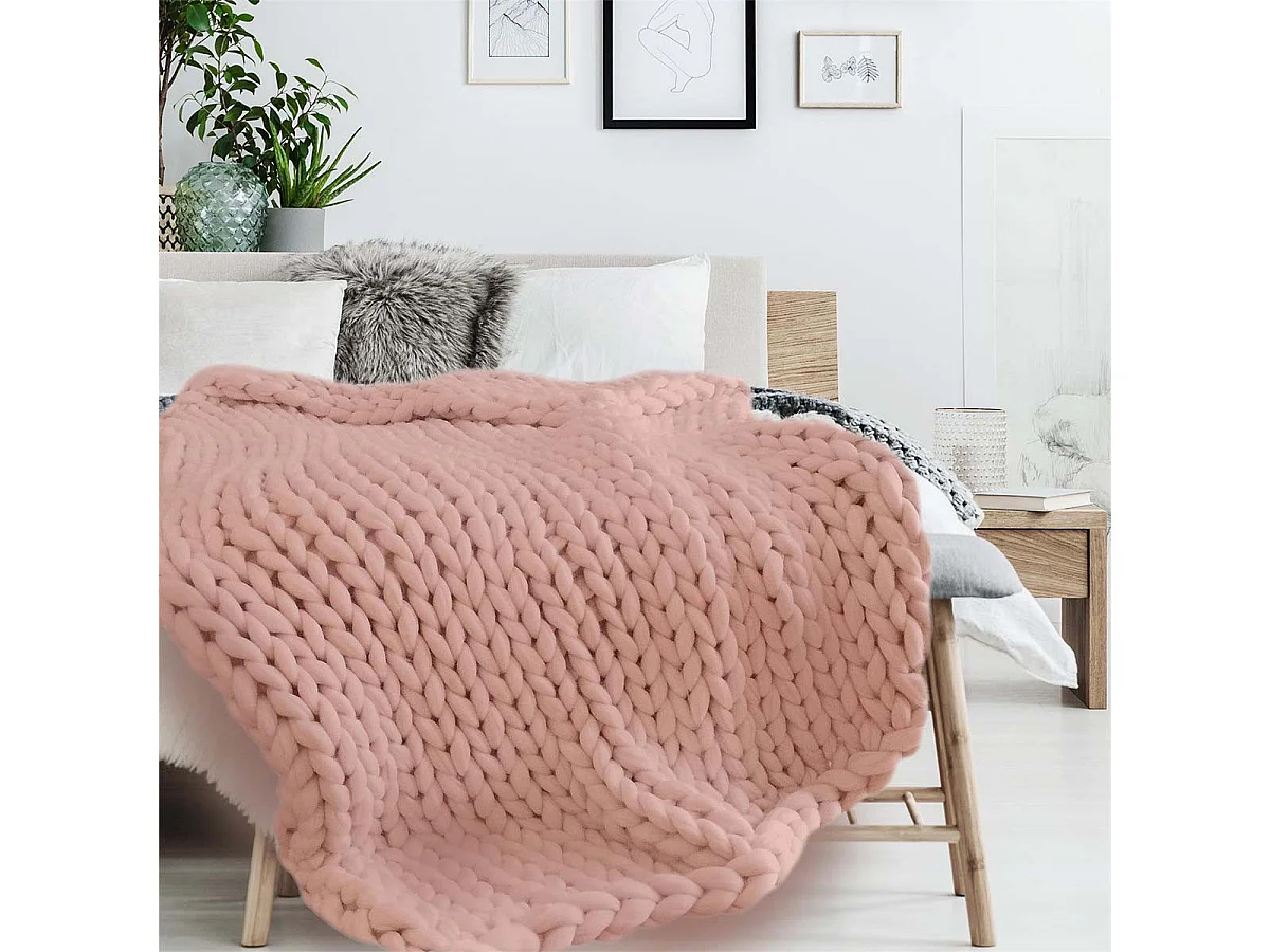 Plaid Chunky 120x150cm Grosse Maille Tressée Coloris Rose - LOTOV