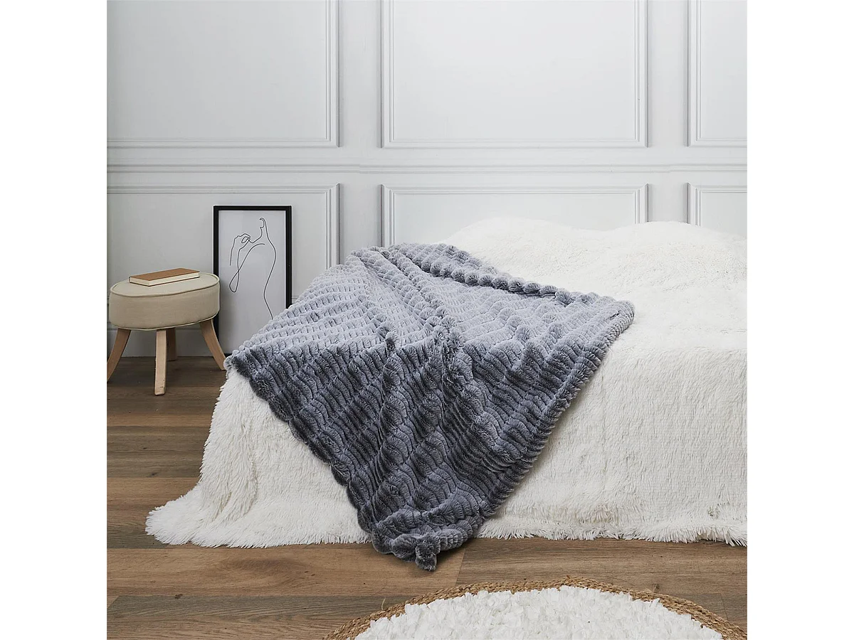 Plaid Ultra Doux 120x150cm Imitation Fourrure Vague Coloris Gris - FLUFFY