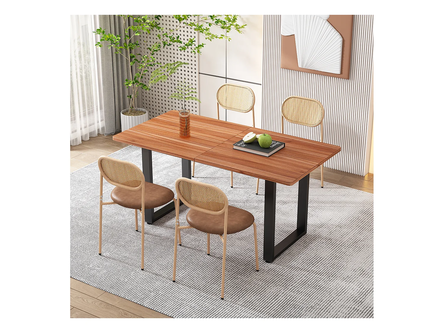 Lot de 4 chaises en rotin et Assise rembourrée en PU, marron