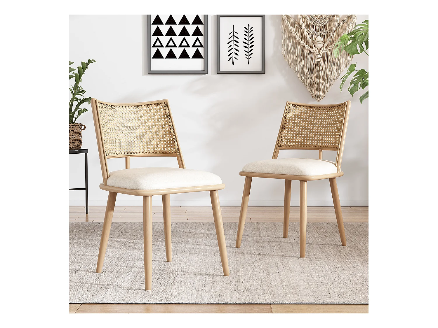 Lot de 2 chaises en rotin et Assise rembourrée en PU, beige