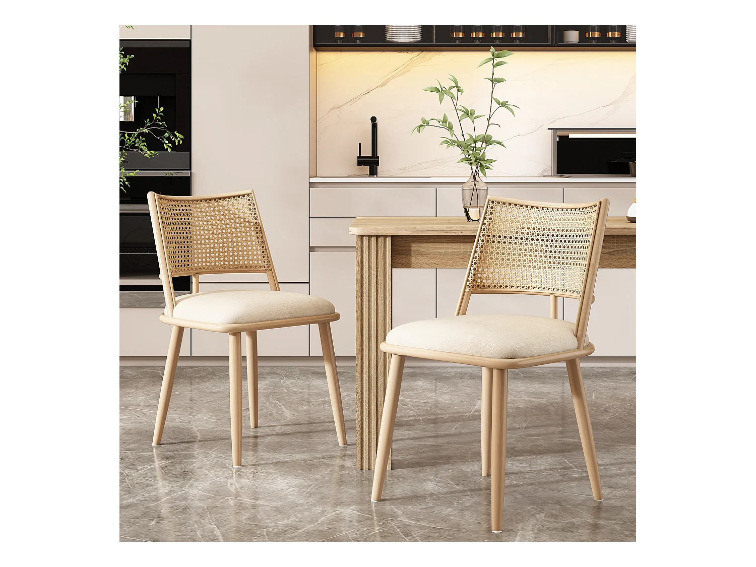 Lot de 2 chaises en rotin et Assise rembourrée en PU, beige