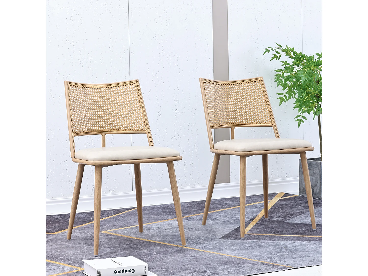 Lot de 2 chaises en rotin et Assise rembourrée en PU, beige