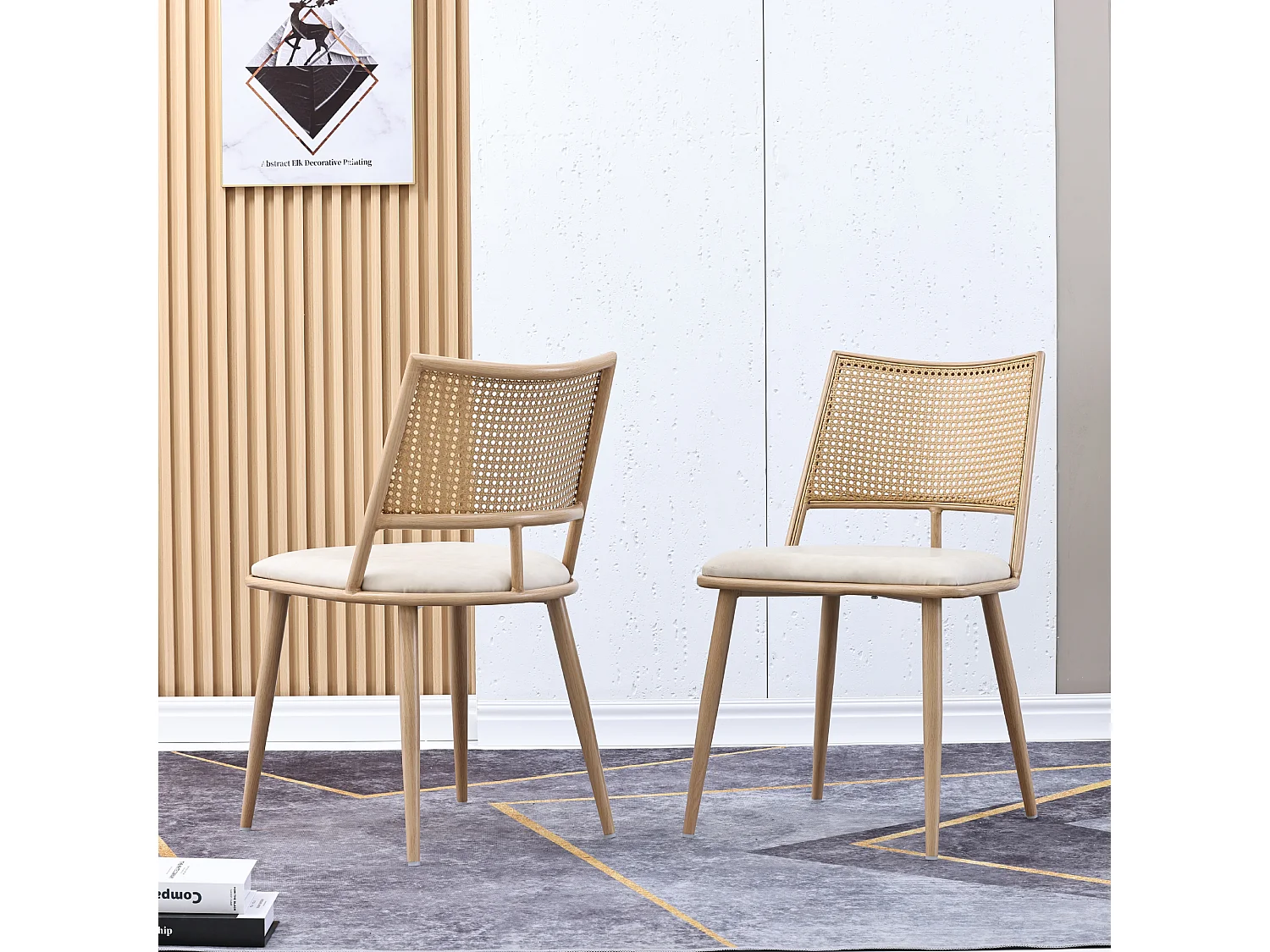Lot de 2 chaises en rotin et Assise rembourrée en PU, beige