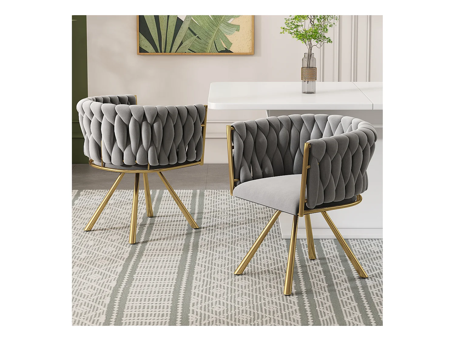 Lot de 2 chaises pivotantes avec accoudoirs en velours gris et métal doré