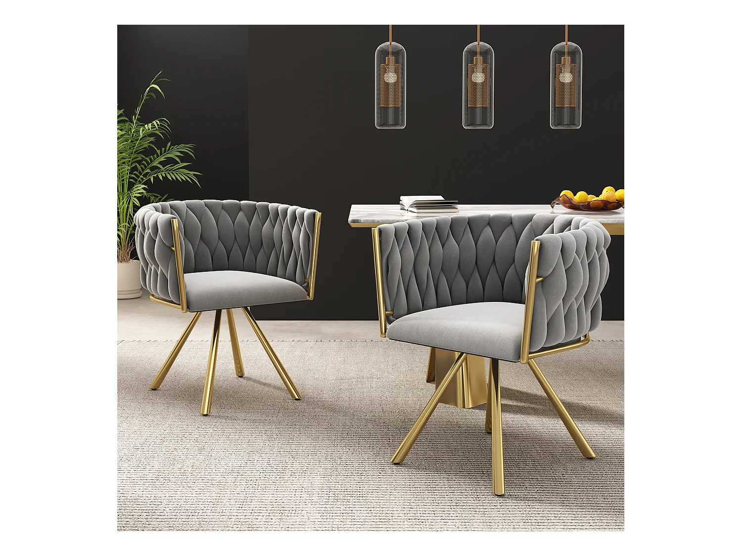 Lot de 2 chaises pivotantes avec accoudoirs en velours gris et métal doré