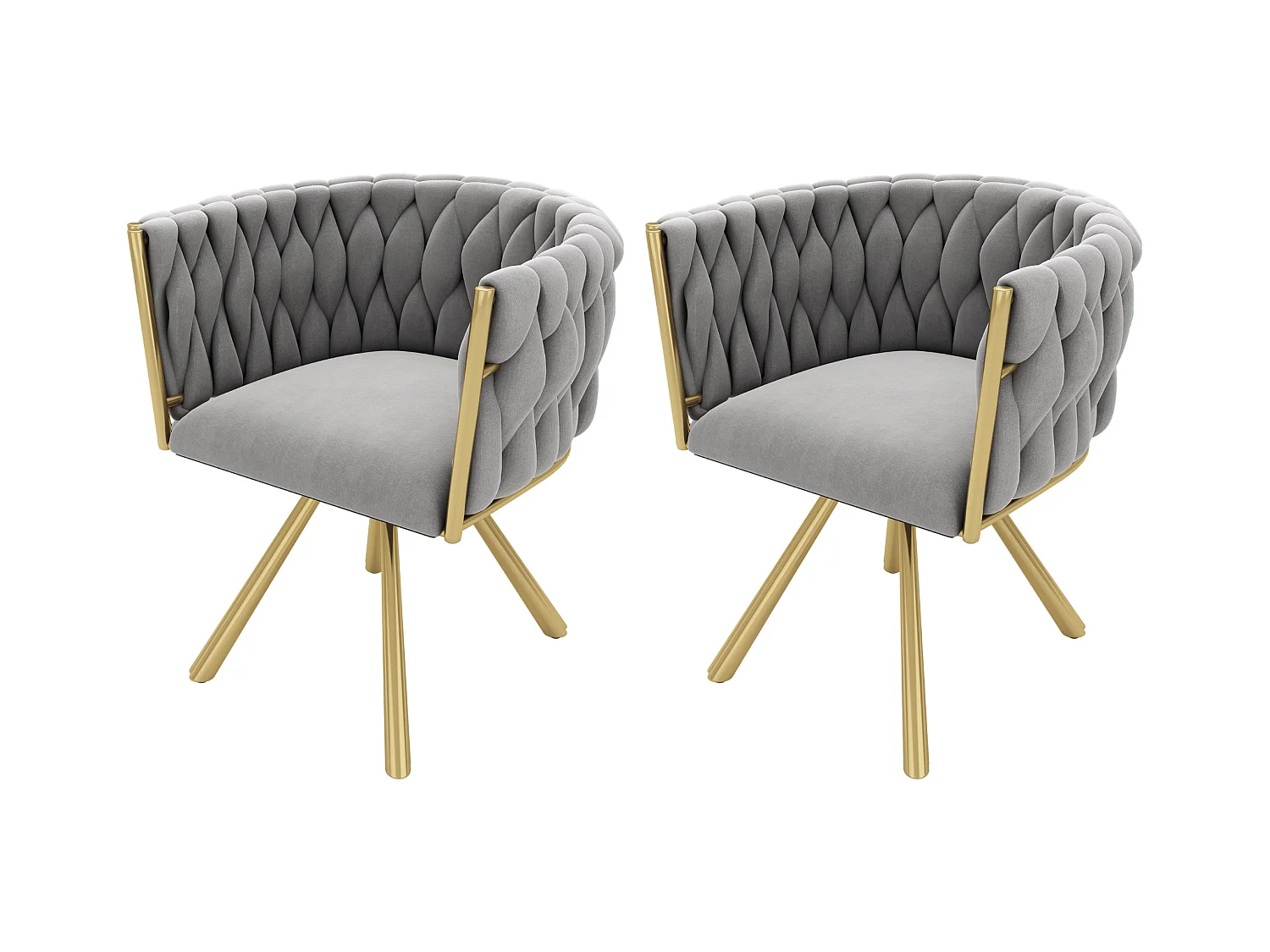 Lot de 2 chaises pivotantes avec accoudoirs en velours gris et métal doré