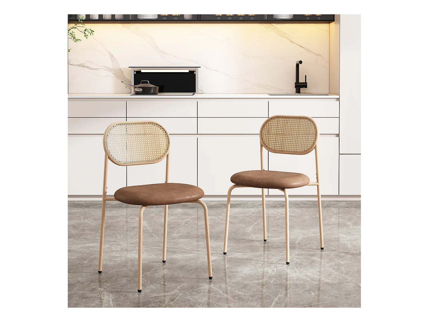 Lot de 2 chaises en rotin et Assise rembourrée en PU, marron